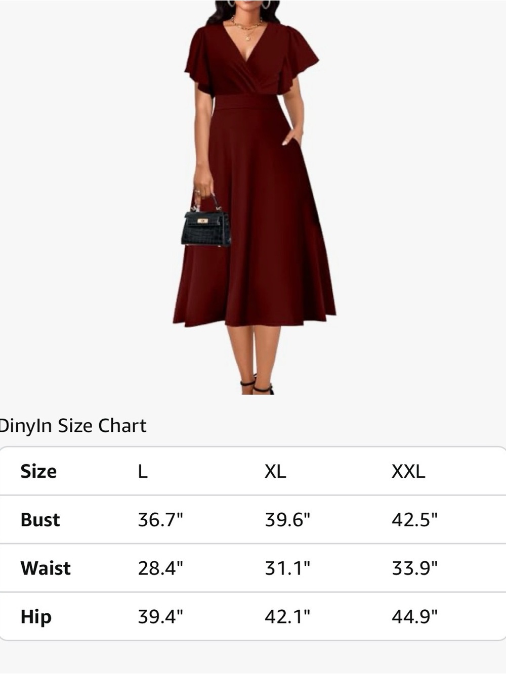 Elegant Deep Wine V-Neck A-Line Midi Dress - Picture 4 of 4